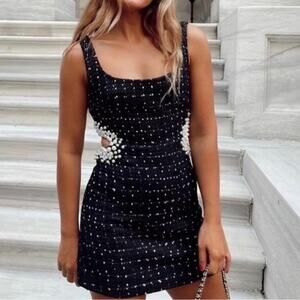 Zara NWT Tweed Textured Weave Cut Out Pearl Dress Black White Mini Sz XS